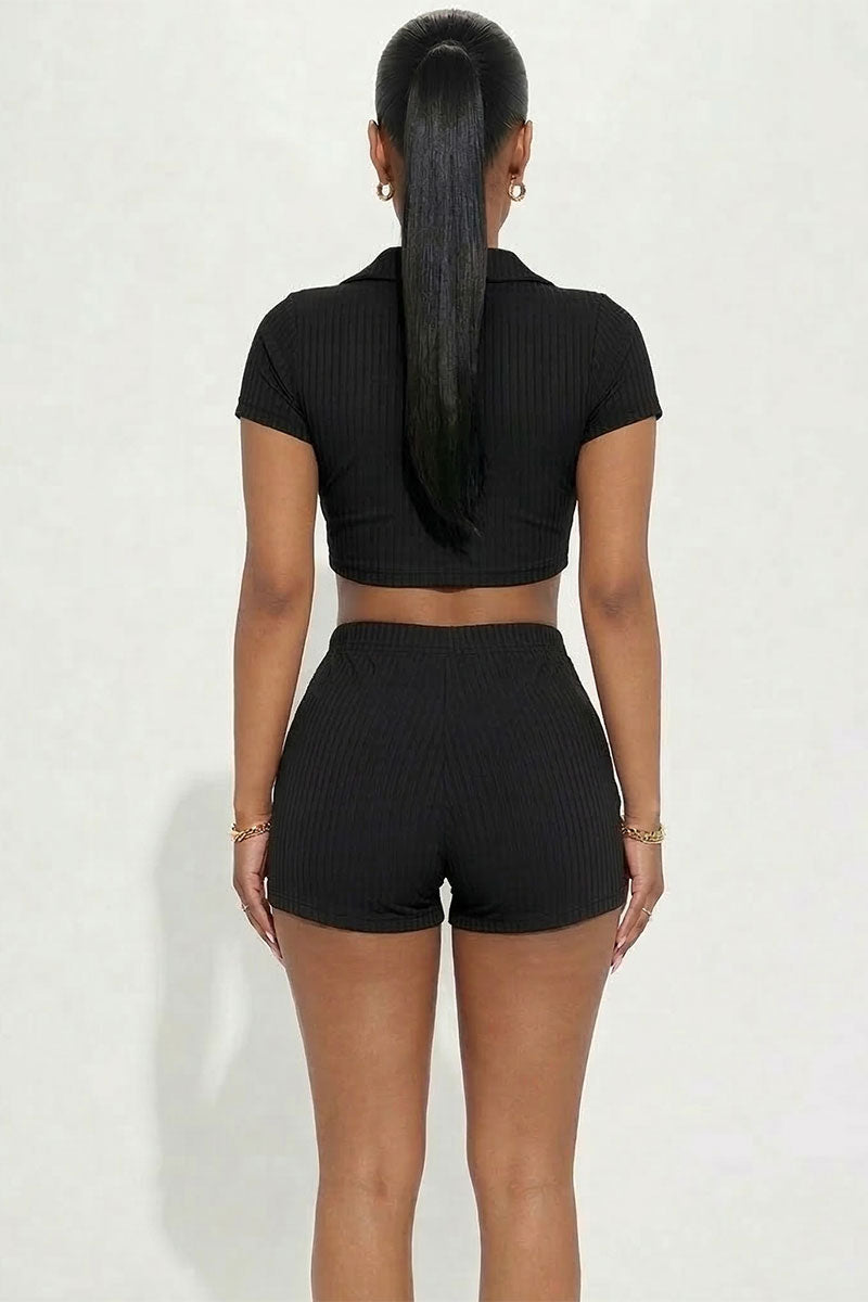 3/piece] Ribbed Collared Short Sleeve Crop Top & Shorts Set