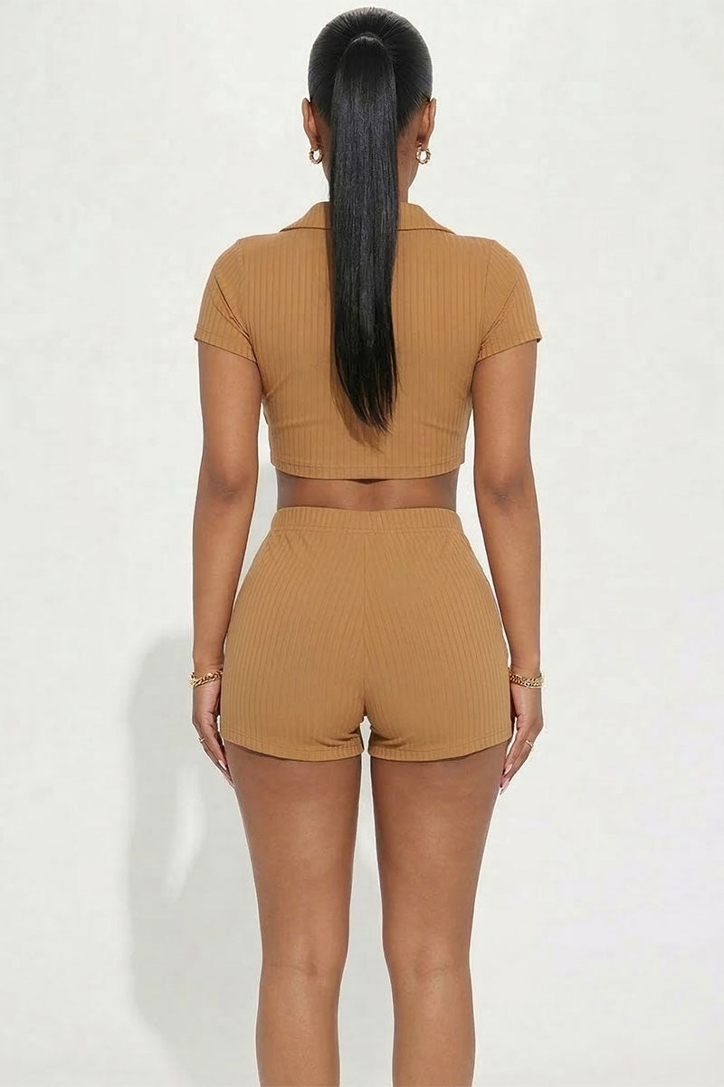 3/piece] Ribbed Collared Short Sleeve Crop Top & Shorts Set