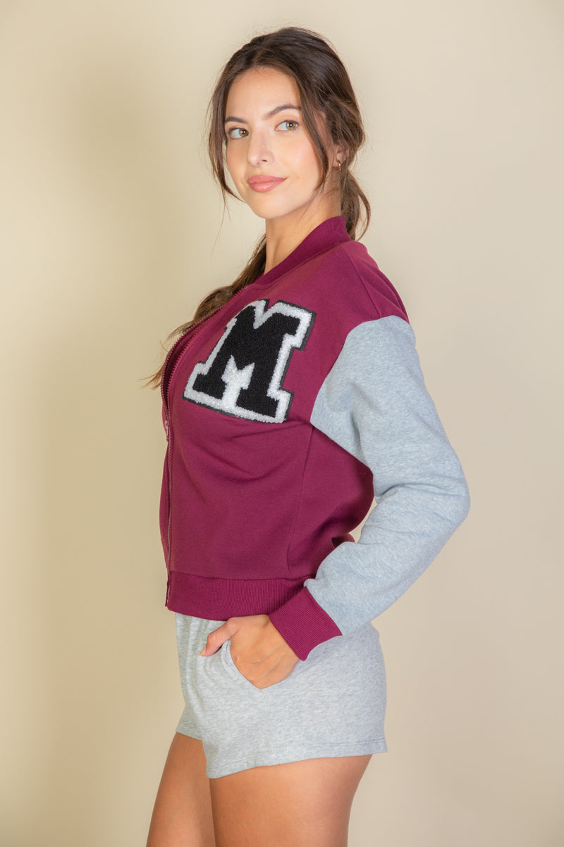 [$5/piece] Letter Patched Striped Trim Varsity Jacket