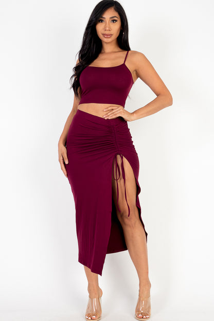 [$3/piece] Cami Crop Top & Ruched Side Split Hem Midi Skirt Set