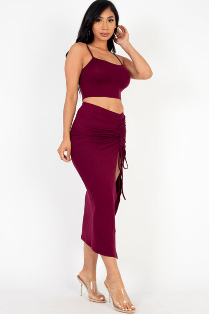 [$3/piece] Cami Crop Top & Ruched Side Split Hem Midi Skirt Set