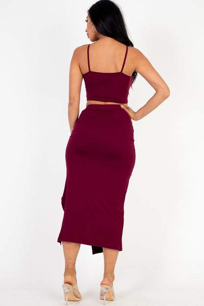 [$3/piece] Cami Crop Top & Ruched Side Split Hem Midi Skirt Set