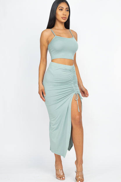 [$3/piece] Cami Crop Top & Ruched Side Split Hem Midi Skirt Set