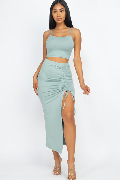 [$3/piece] Cami Crop Top & Ruched Side Split Hem Midi Skirt Set