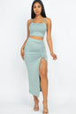 [$3/piece] Cami Crop Top & Ruched Side Split Hem Midi Skirt Set