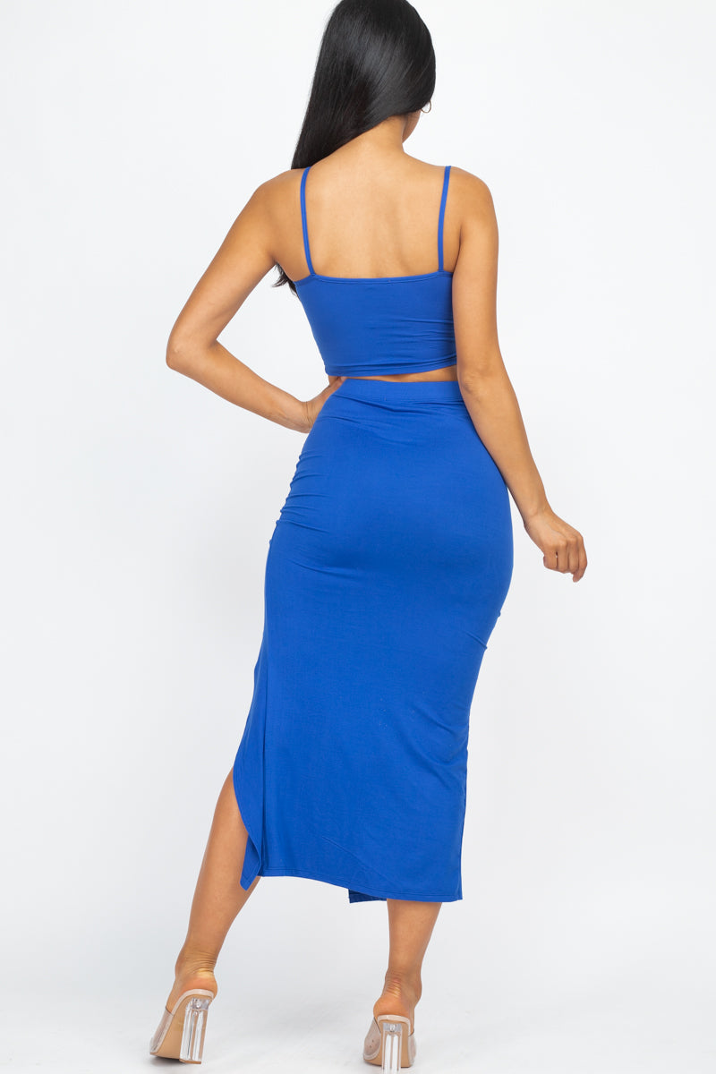 [$3/piece] Cami Crop Top & Ruched Side Split Hem Midi Skirt Set