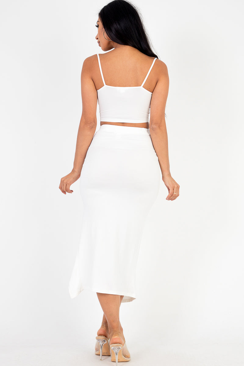 [$3/piece] Cami Crop Top & Ruched Side Split Hem Midi Skirt Set