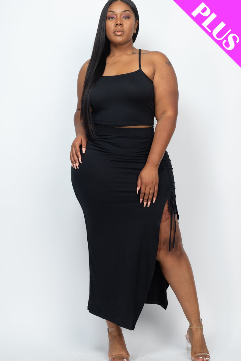 5/piece] PLUS SIZE Cami Crop Top & Ruched Side Split Hem Midi