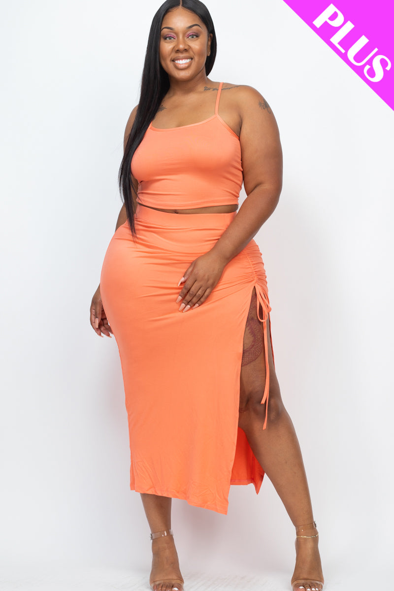 5/piece] PLUS SIZE Cami Crop Top & Ruched Side Split Hem Midi