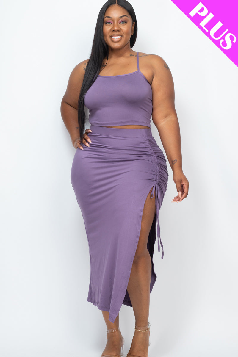 5/piece] PLUS SIZE Cami Crop Top & Ruched Side Split Hem Midi