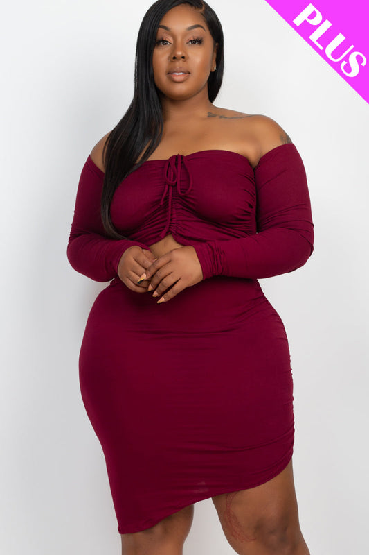 Plus Size Off Shoulder Drawstring Crop Top & Ruched Skirt Set - Capella Apparel Wholesale