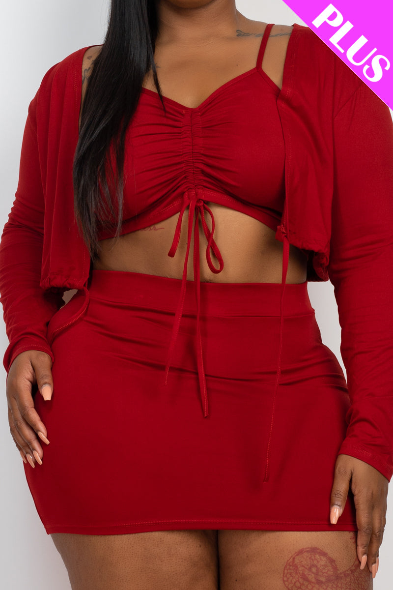 Plus Size Ruched Drawstring Cami Top & Mini Skirt Set with Cardigan - Capella Apparel