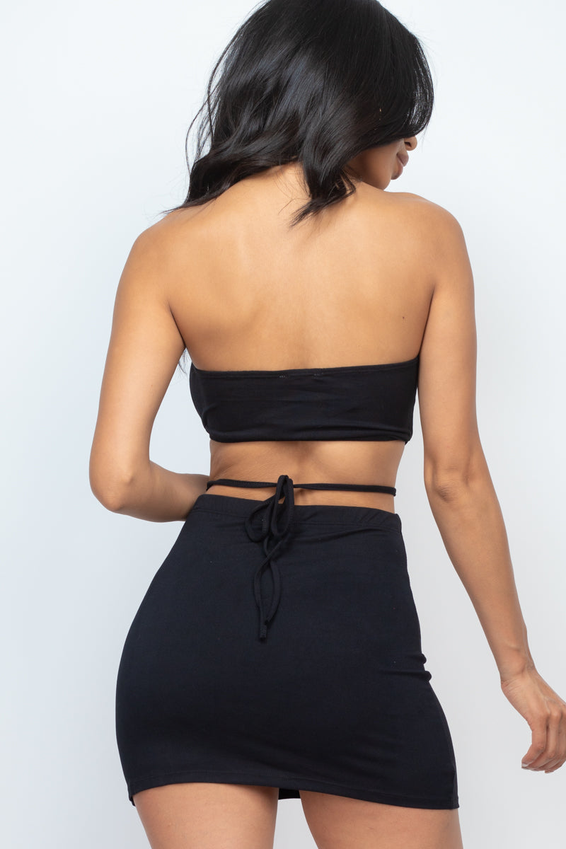 Crisscross Tie Back Tube Top & Mini Slit Hem Skirt Set - Capella Apparel Wholesale