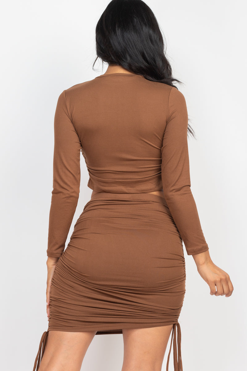 Ruched Side Long Sleeve Crop Top & Drawstring Skirt Set - Capella Apparel