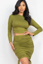 Ruched Side Long Sleeve Crop Top & Drawstring Skirt Set - Capella Apparel