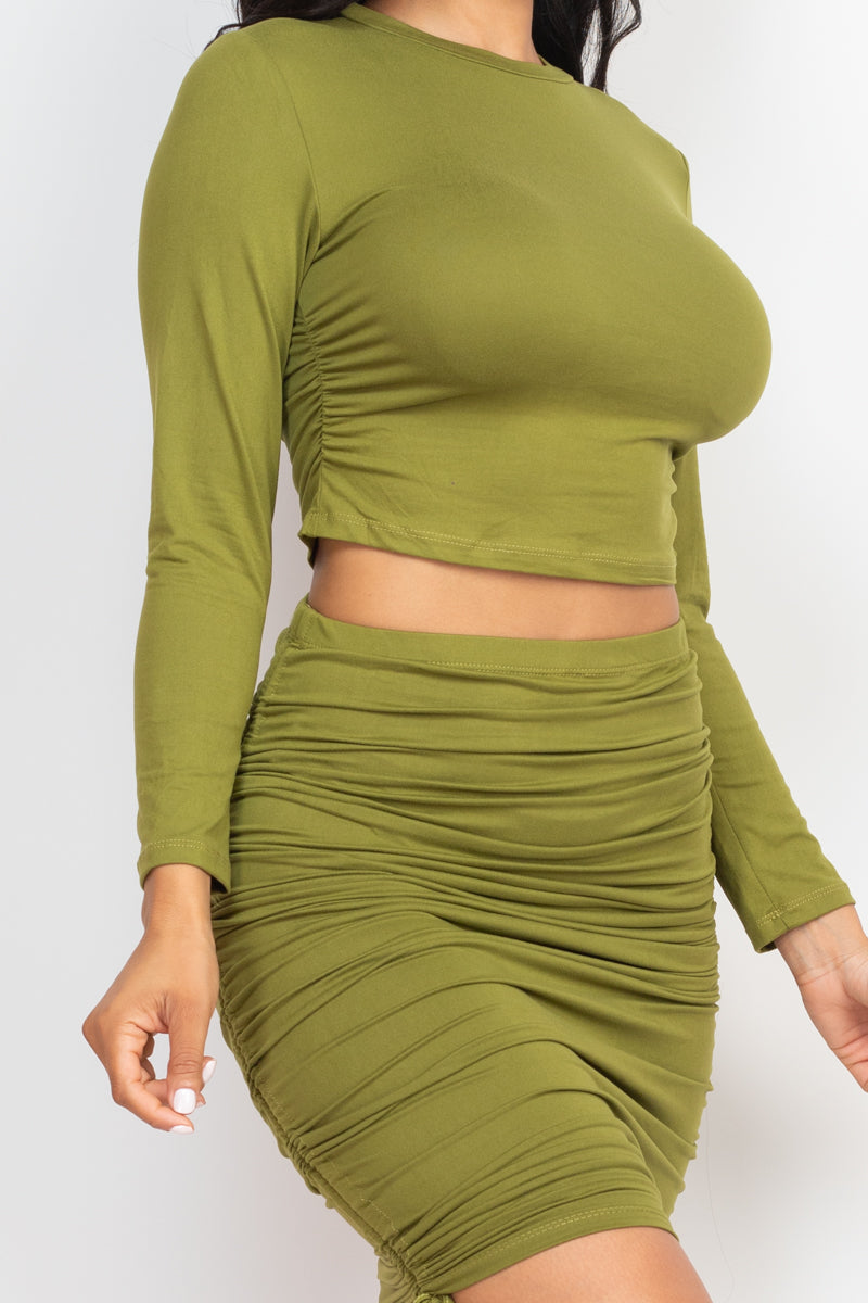 Ruched Side Long Sleeve Crop Top & Drawstring Skirt Set - Capella Apparel