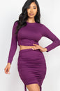 Ruched Side Long Sleeve Crop Top & Drawstring Skirt Set - Capella Apparel