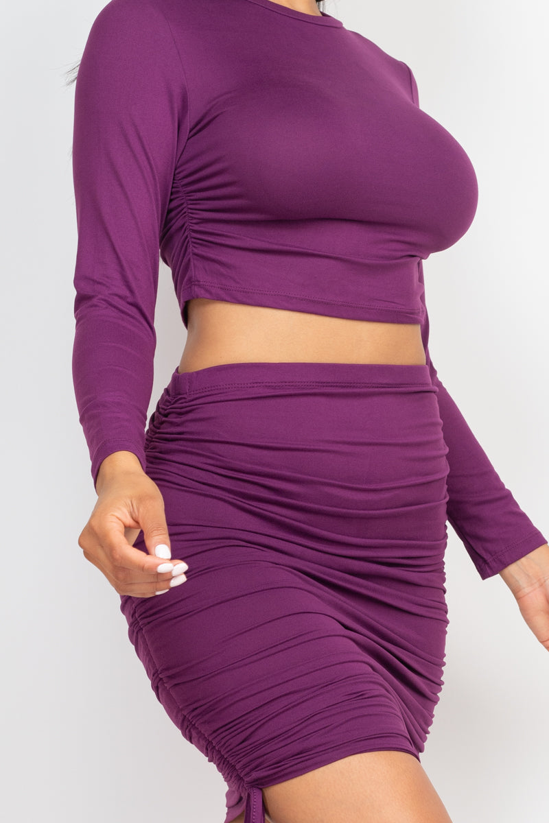 Ruched Side Long Sleeve Crop Top & Drawstring Skirt Set - Capella Apparel