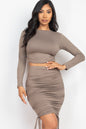 Ruched Side Long Sleeve Crop Top & Drawstring Skirt Set - Capella Apparel