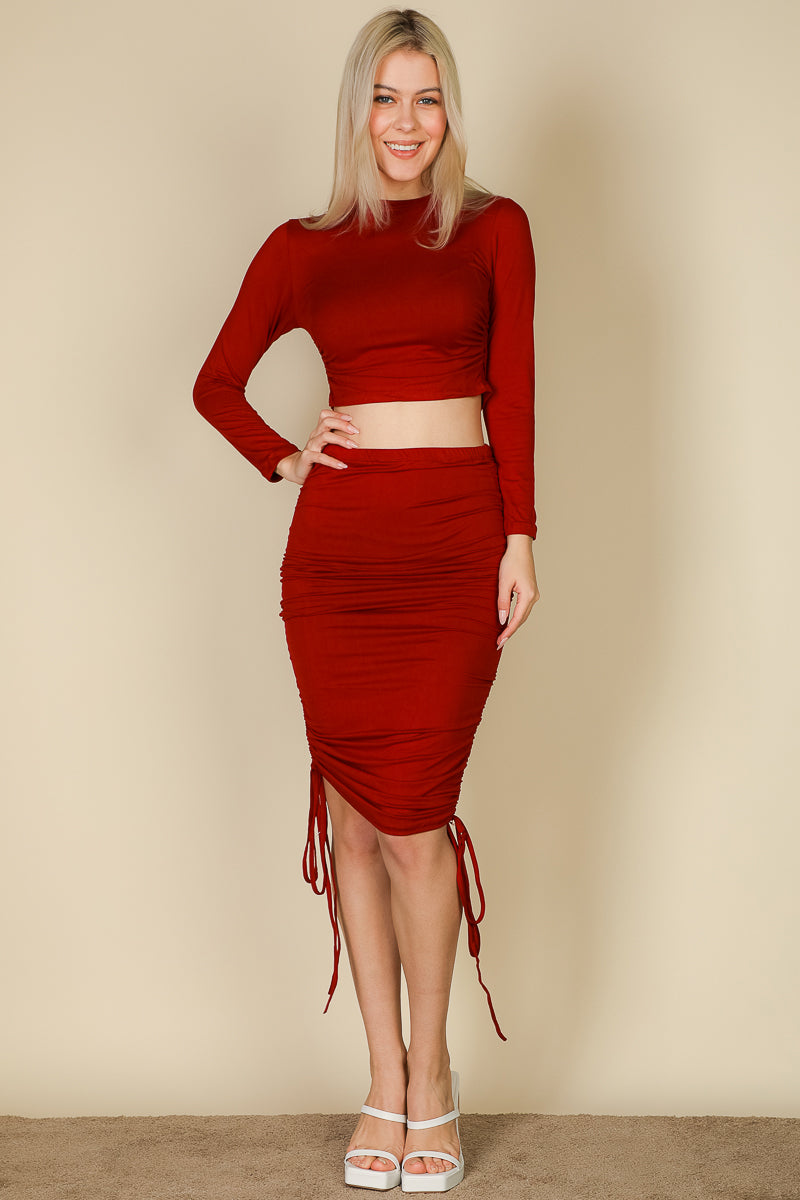 Ruched Side Long Sleeve Crop Top & Drawstring Skirt Set - Capella Apparel