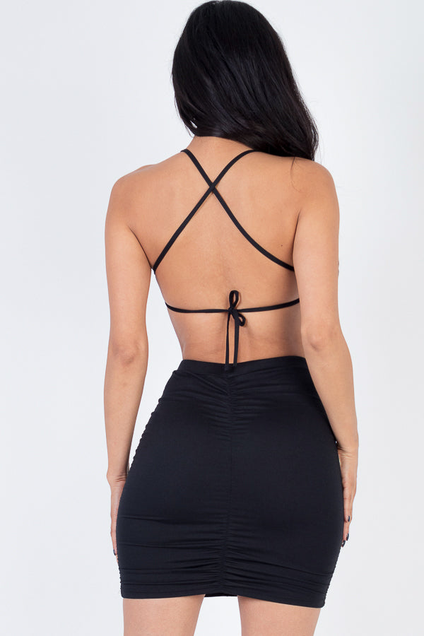 Sexy Spaghetti Strap Backless Camisole Crop Top & Ruched Skirt Solid Color Set - Capella Apparel
