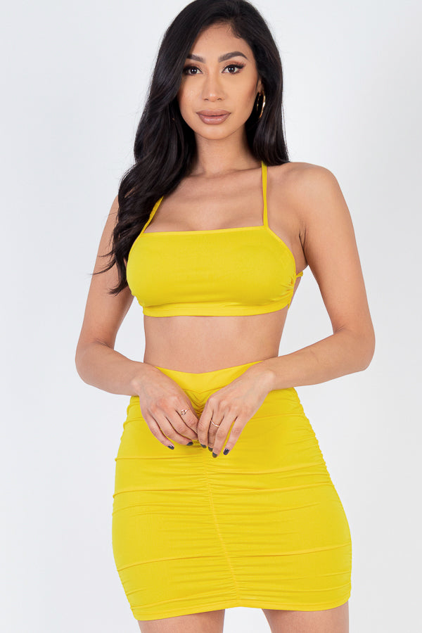 Sexy Spaghetti Strap Backless Camisole Crop Top & Ruched Skirt Solid Color Set - Capella Apparel