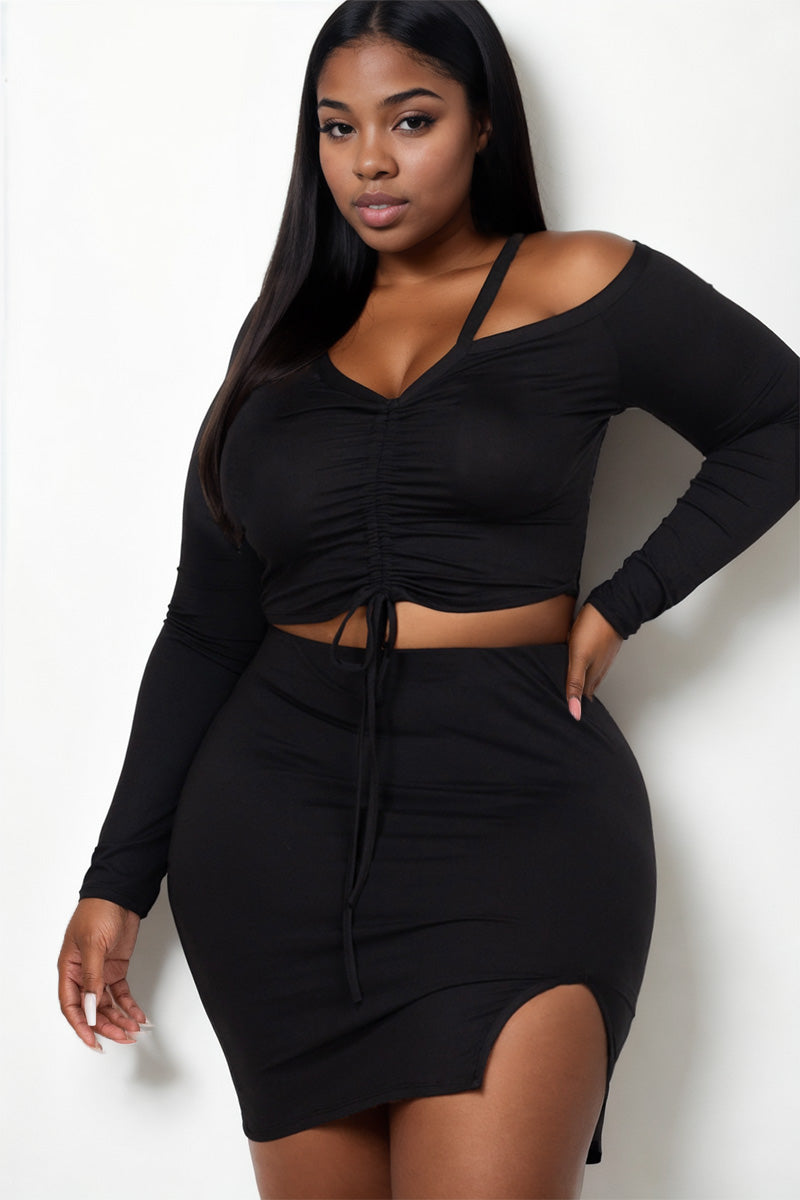 Plus Size Ruched Drawstring Off Shoulder Crop Top & Side Slit Mini Skirt Set - Capella Apparel