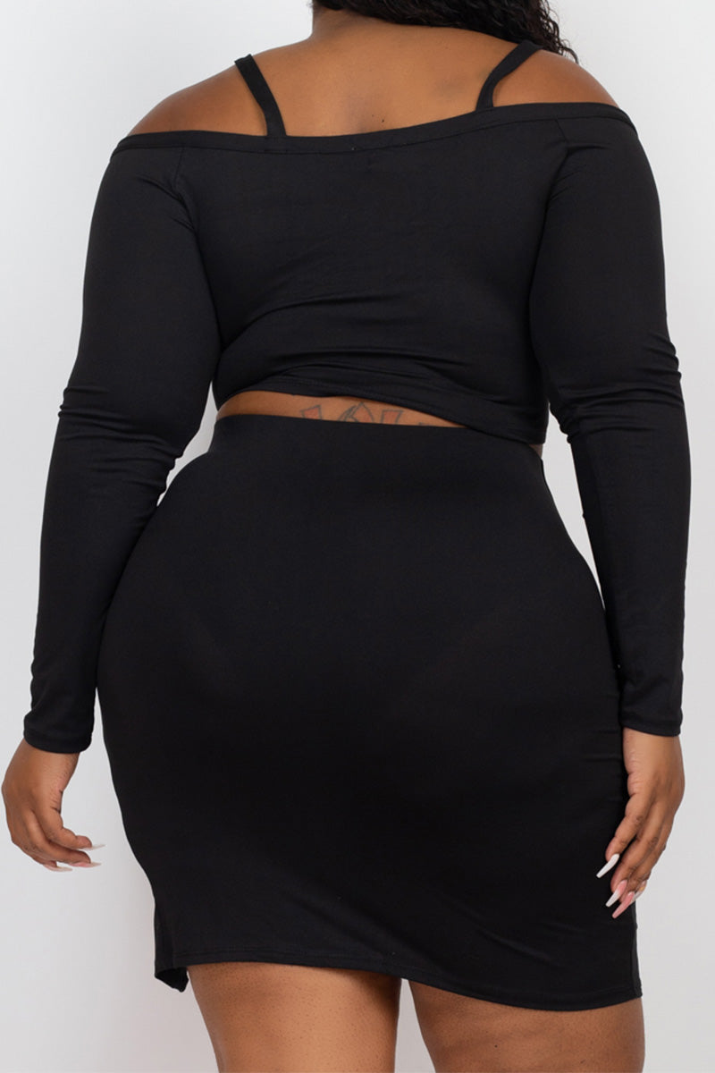 Plus Size Ruched Drawstring Off Shoulder Crop Top & Side Slit Mini Skirt Set - Capella Apparel