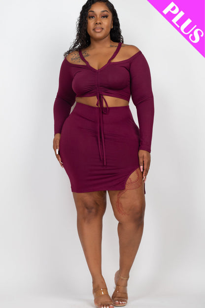 Plus Size Ruched Drawstring Off Shoulder Crop Top & Side Slit Mini Skirt Set - Capella Apparel