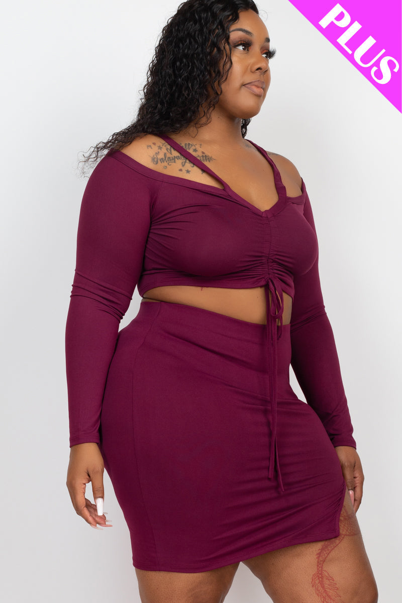 Plus Size Ruched Drawstring Off Shoulder Crop Top & Side Slit Mini Skirt Set - Capella Apparel