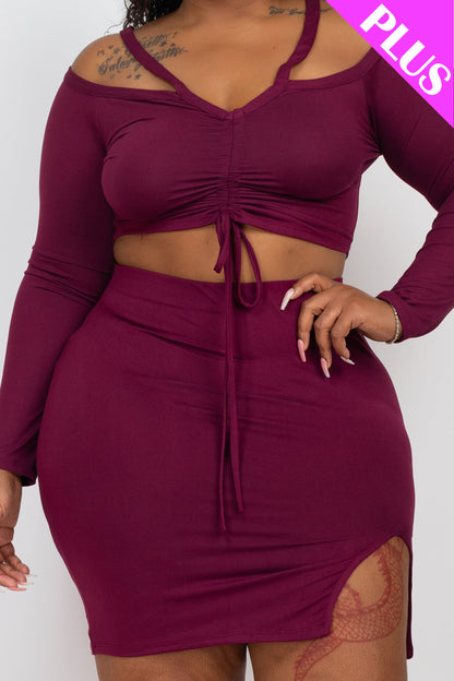 Plus Size Ruched Drawstring Off Shoulder Crop Top & Side Slit Mini Skirt Set - Capella Apparel