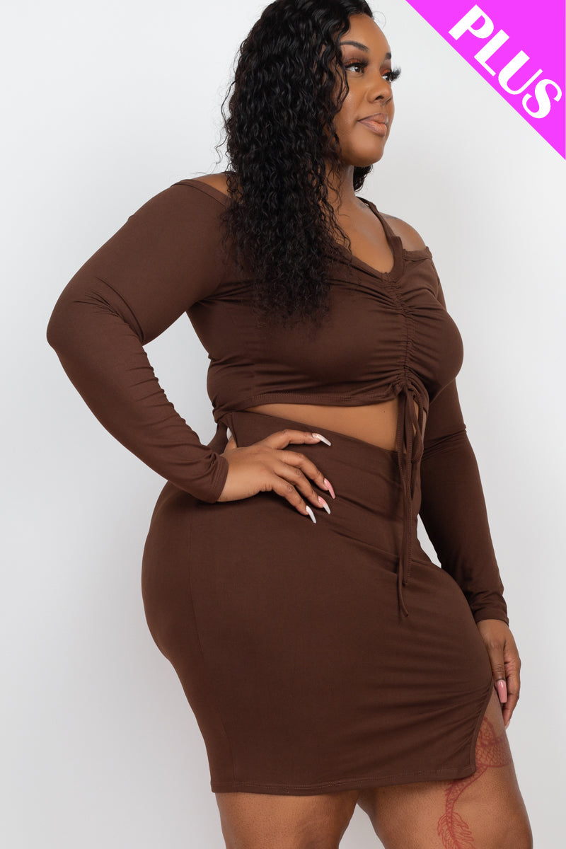 Plus Size Ruched Drawstring Off Shoulder Crop Top & Side Slit Mini Skirt Set - Capella Apparel