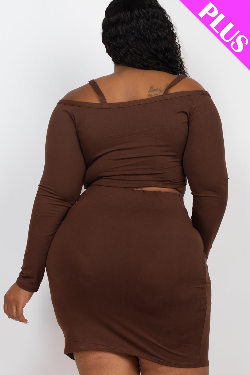 Plus Size Ruched Drawstring Off Shoulder Crop Top & Side Slit Mini Skirt Set - Capella Apparel