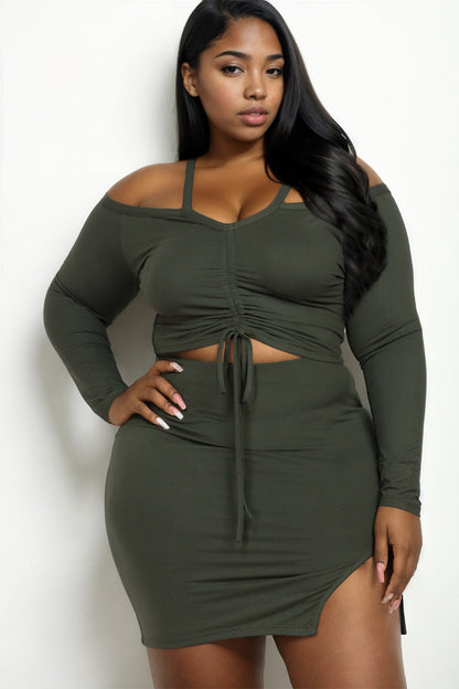 Plus Size Ruched Drawstring Off Shoulder Crop Top & Side Slit Mini Skirt Set - Capella Apparel Wholesale