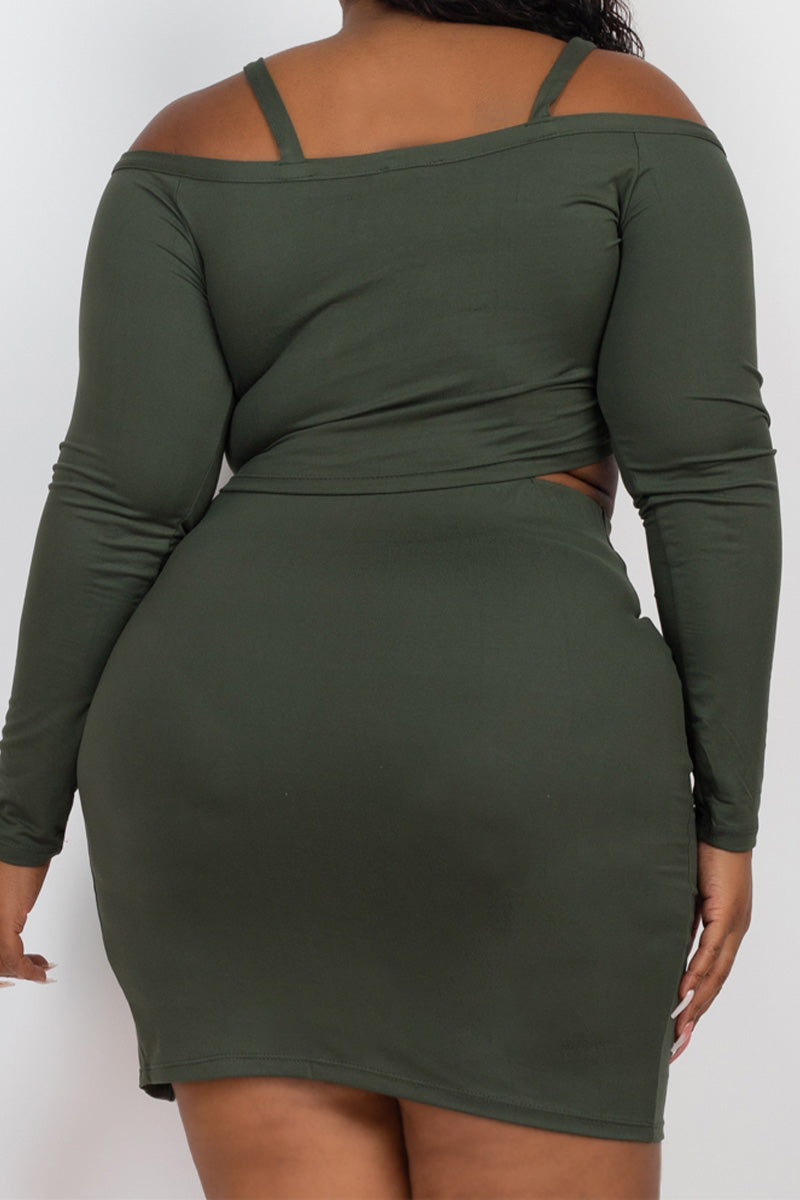 Plus Size Ruched Drawstring Off Shoulder Crop Top & Side Slit Mini Skirt Set - Capella Apparel Wholesale