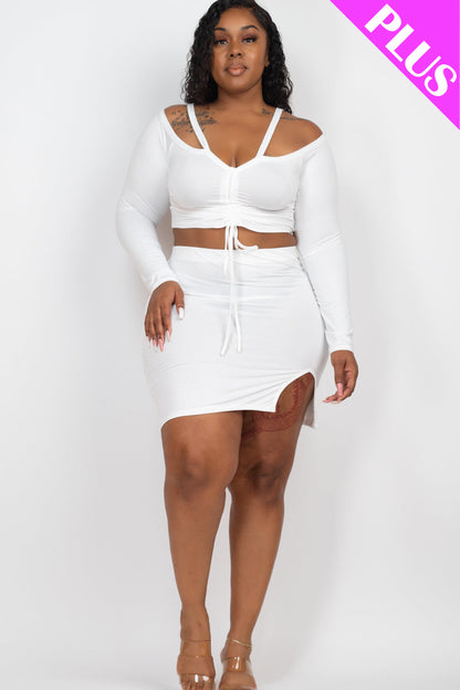 Plus Size Ruched Drawstring Off Shoulder Crop Top & Side Slit Mini Skirt Set - Capella Apparel