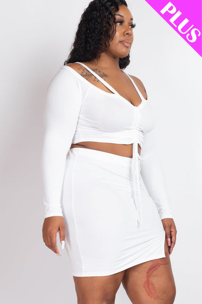 Plus Size Ruched Drawstring Off Shoulder Crop Top & Side Slit Mini Skirt Set - Capella Apparel