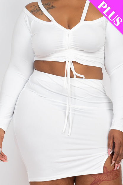 Plus Size Ruched Drawstring Off Shoulder Crop Top & Side Slit Mini Skirt Set - Capella Apparel