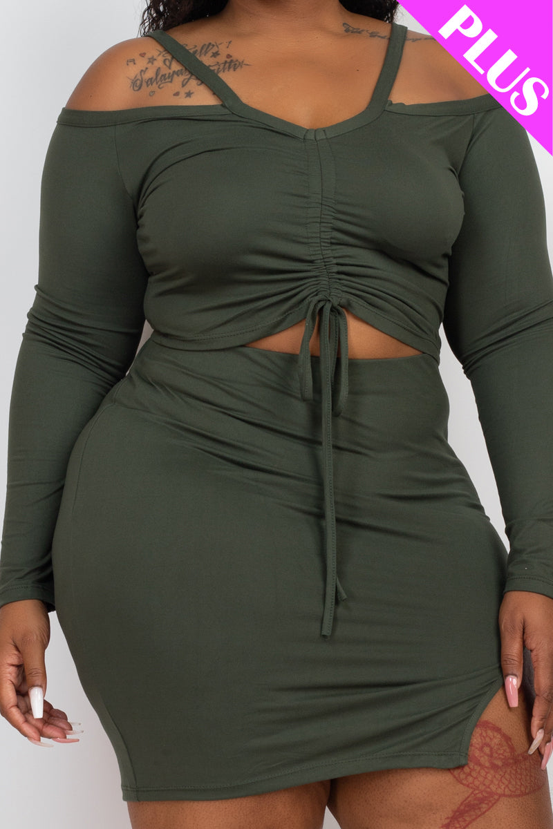 Plus Size Ruched Drawstring Off Shoulder Crop Top & Side Slit Mini Skirt Set - Capella Apparel