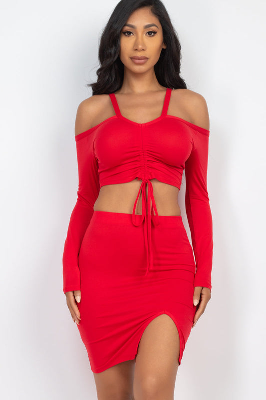 Ruched Drawstring Off Shoulder Crop Top & Side Slit Mini Skirt Set - Capella Apparel