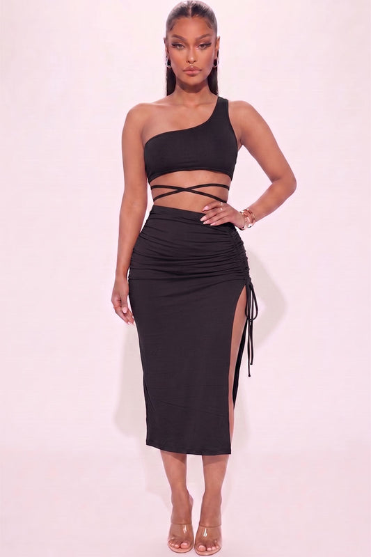 [$3/piece] Sexy Solid Color One Shoulder Crop Top & Drawstring Ruched Crisscross Tie Back Side Slit Hem Skirt Set