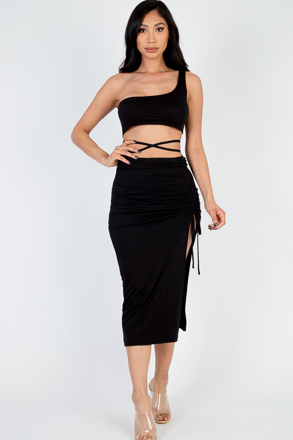 3/piece] Sexy Solid Color One Shoulder Crop Top & Drawstring
