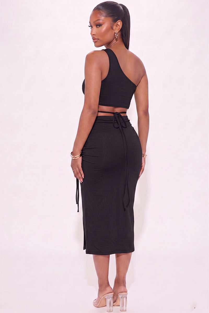 [$3/piece] Sexy Solid Color One Shoulder Crop Top & Drawstring Ruched Crisscross Tie Back Side Slit Hem Skirt Set