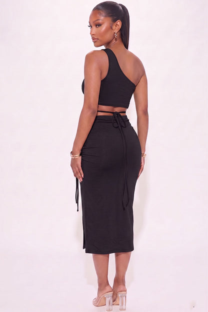 [$3/piece] Sexy Solid Color One Shoulder Crop Top & Drawstring Ruched Crisscross Tie Back Side Slit Hem Skirt Set