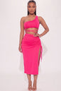 [$3/piece] Sexy Solid Color One Shoulder Crop Top & Drawstring Ruched Crisscross Tie Back Side Slit Hem Skirt Set