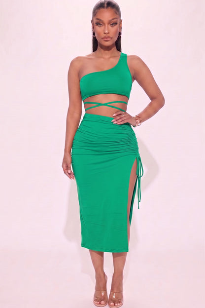 [$3/piece] Sexy Solid Color One Shoulder Crop Top & Drawstring Ruched Crisscross Tie Back Side Slit Hem Skirt Set