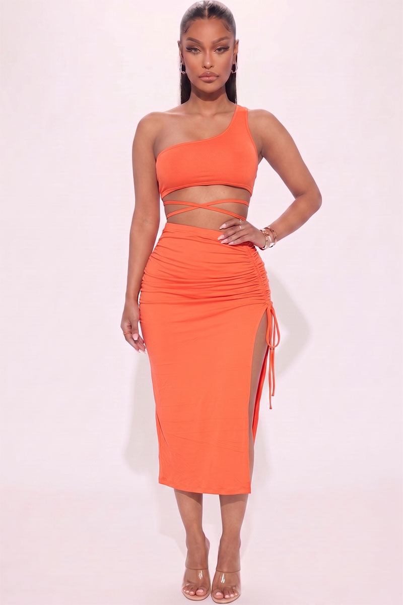 [$3/piece] Sexy Solid Color One Shoulder Crop Top & Drawstring Ruched Crisscross Tie Back Side Slit Hem Skirt Set