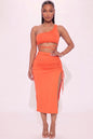 [$3/piece] Sexy Solid Color One Shoulder Crop Top & Drawstring Ruched Crisscross Tie Back Side Slit Hem Skirt Set