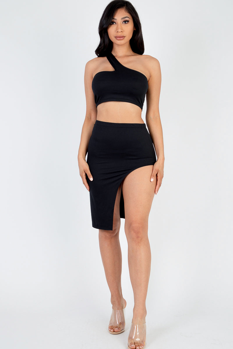 [$3/piece] Sexy Solid One Shoulder Crop Top & Split Thigh Midi Skirt Set