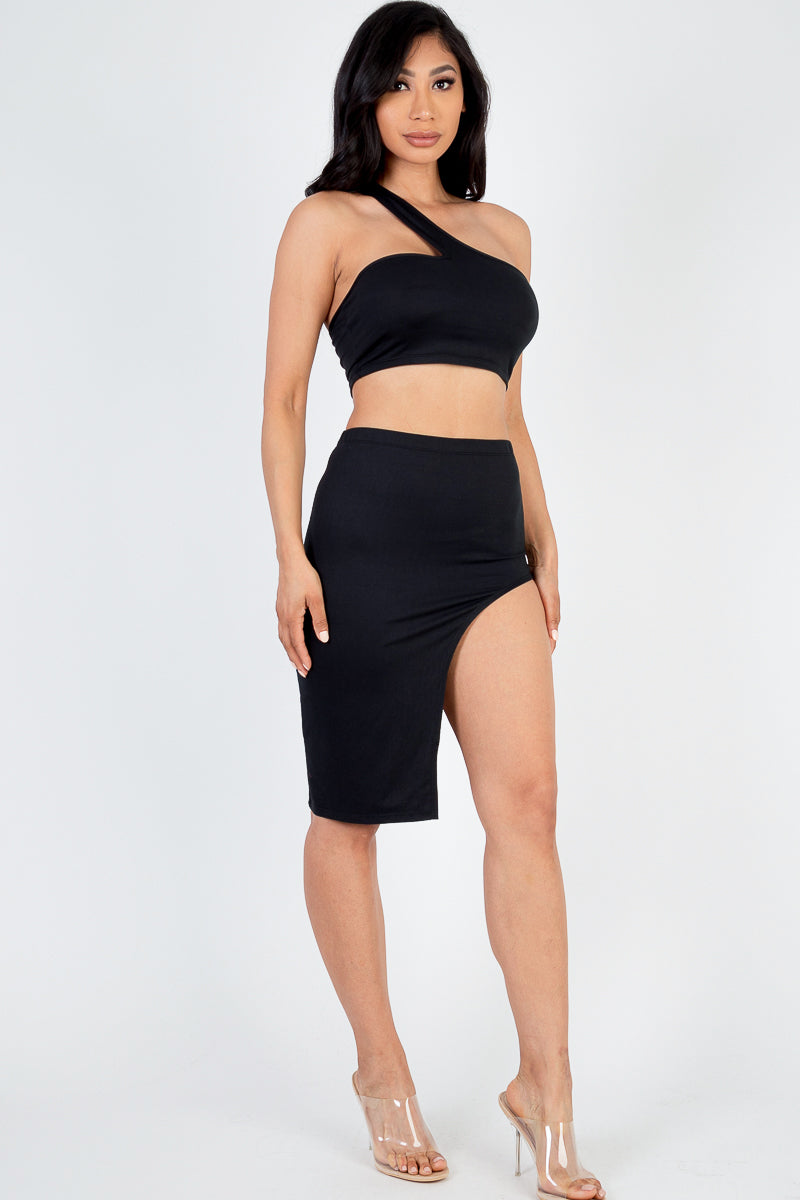 [$3/piece] Sexy Solid One Shoulder Crop Top & Split Thigh Midi Skirt Set